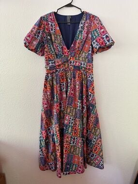 Anthropologie Multicolor Geometric Midi Dress — Pink, Blue, Green, Orange